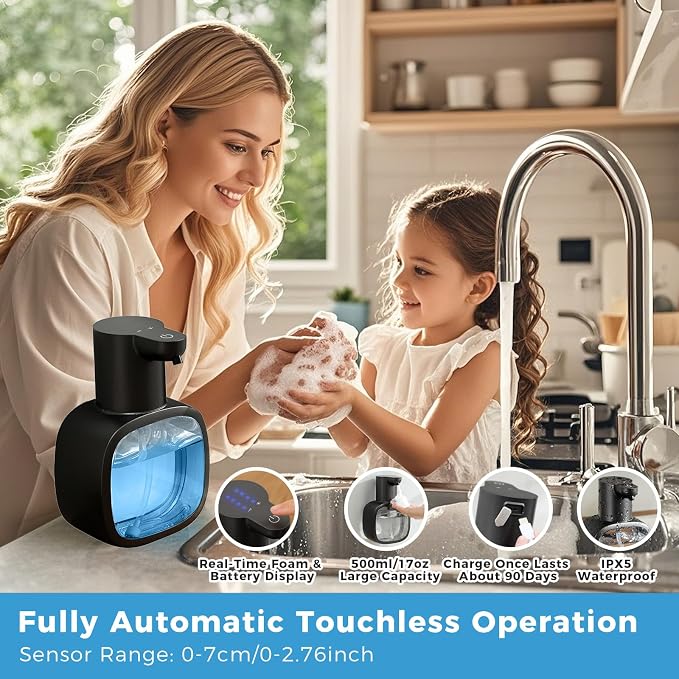 Automatic Foaming Soap Dispenser, 17oz/500ml Touchless Rechargeable - Image 2