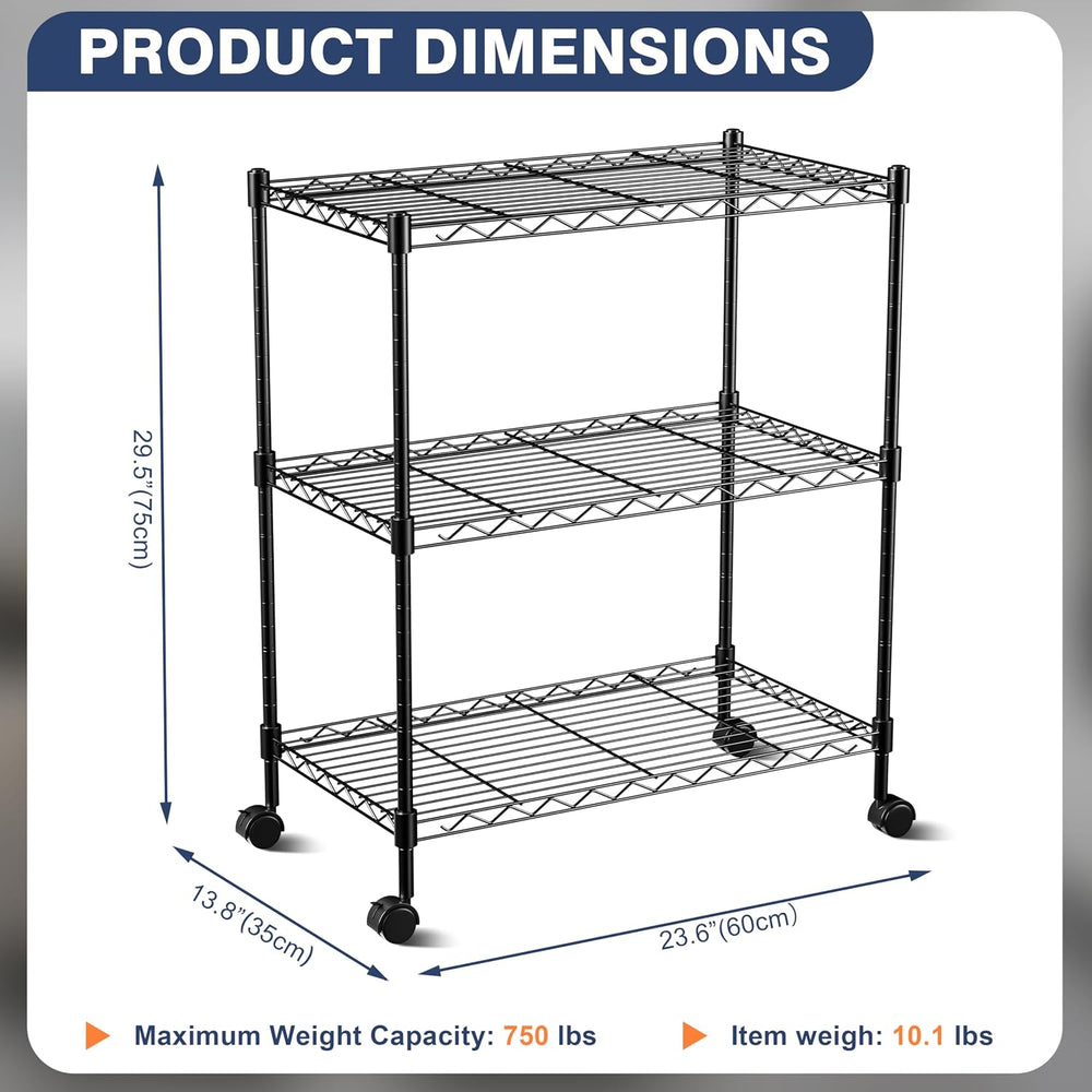 3-Tier Wire Shelf Rack,Wire Metal Shelving with Lockable Wheels,Black