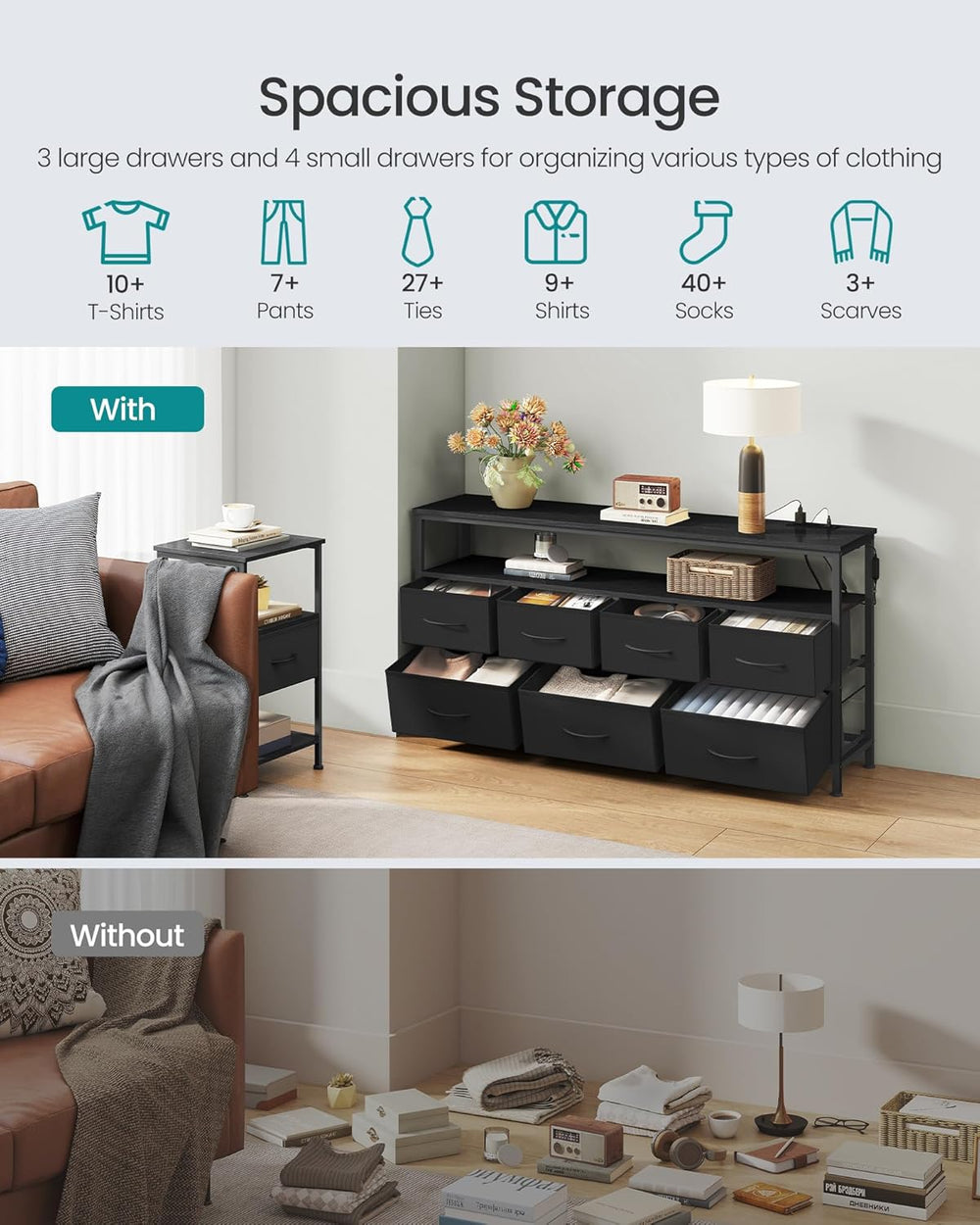 SONGMICS Dresser with App-Controlled LED Lights, 7 Fabric Drawers Dresser