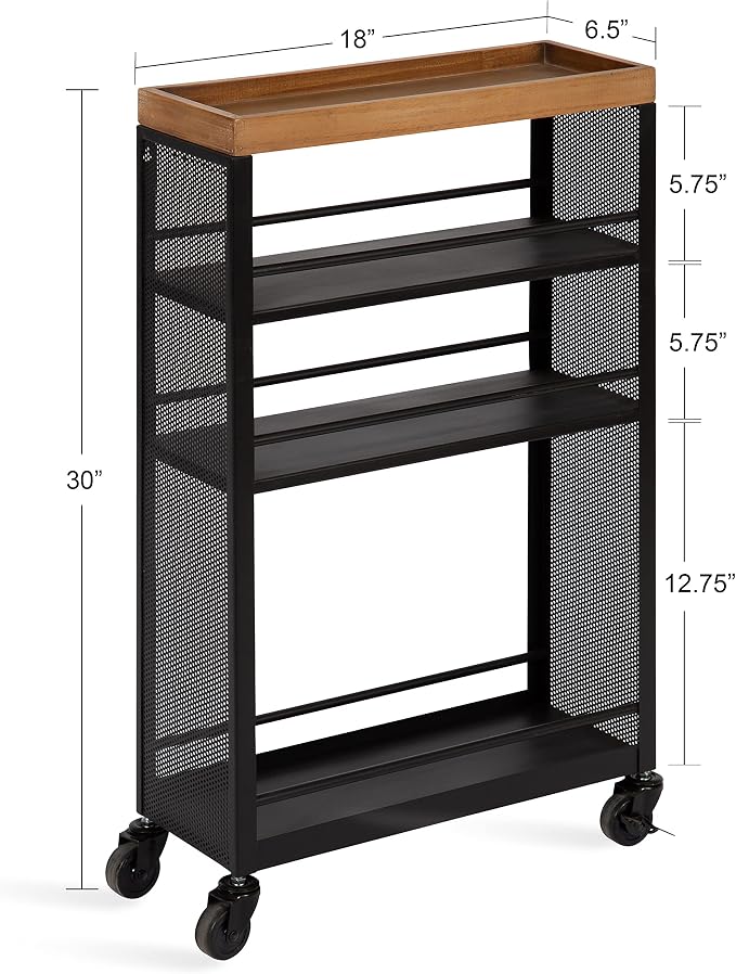 Kate and Laurel Piazza Decorative Slim Storage Cart, Natural Wood and Black - Image 2