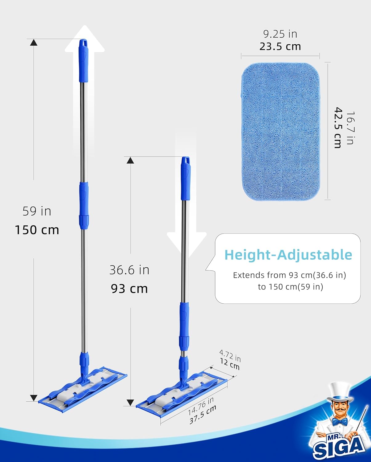 MR.SIGA Professional Microfiber Mop for Hardwood, Laminate, Tile Floor Cleaning, Stainless Steel Telescopic Handle - 3 Reusable Flat Mop Refills and 1 Dirt Removal Scrubber Included