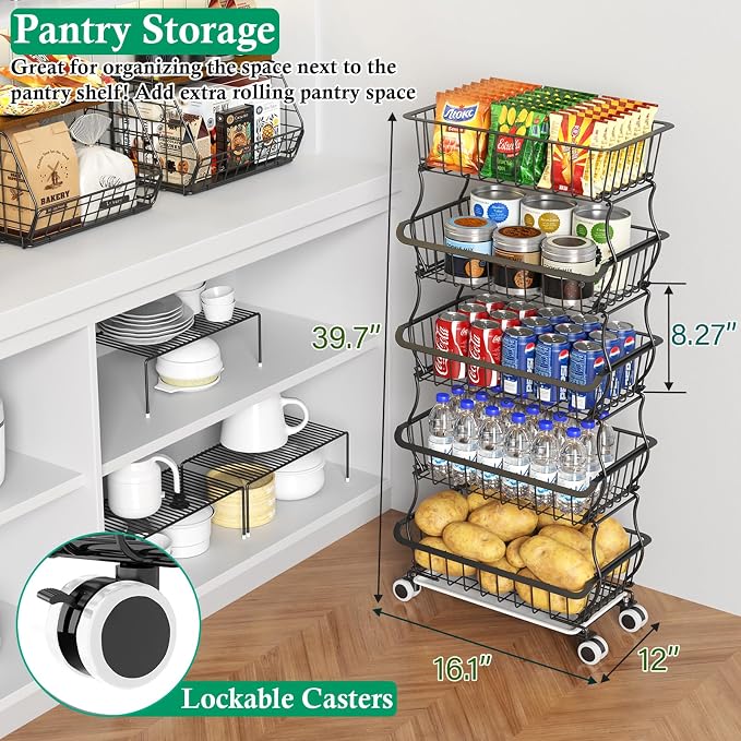 5 Tier Fruit Basket for Kitchen, Stackable Bins Wire Rack - Image 2