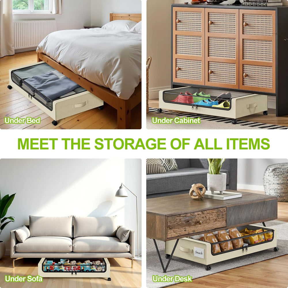 Molutsody Under Bed Storage with Wheels, 4-Pack UnderBed Storage Containers w...