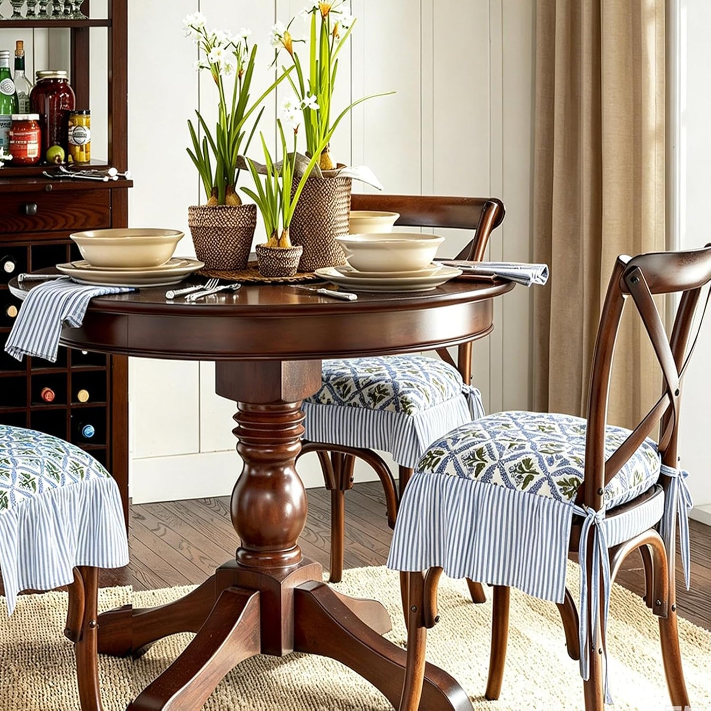 4 Pcs Ruffle Chair Cushion Covers Cotton Blend 17.5"x17.5", Floral Block Print Decoration Farmhouse French Style Seat Covers with Tie Backs for Kitchen Dining Chairs