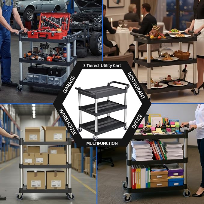 Plastic Utility Carts with Wheels, 3-Tier Rolling Service Cart, 300 lbs Heavy - Image 6