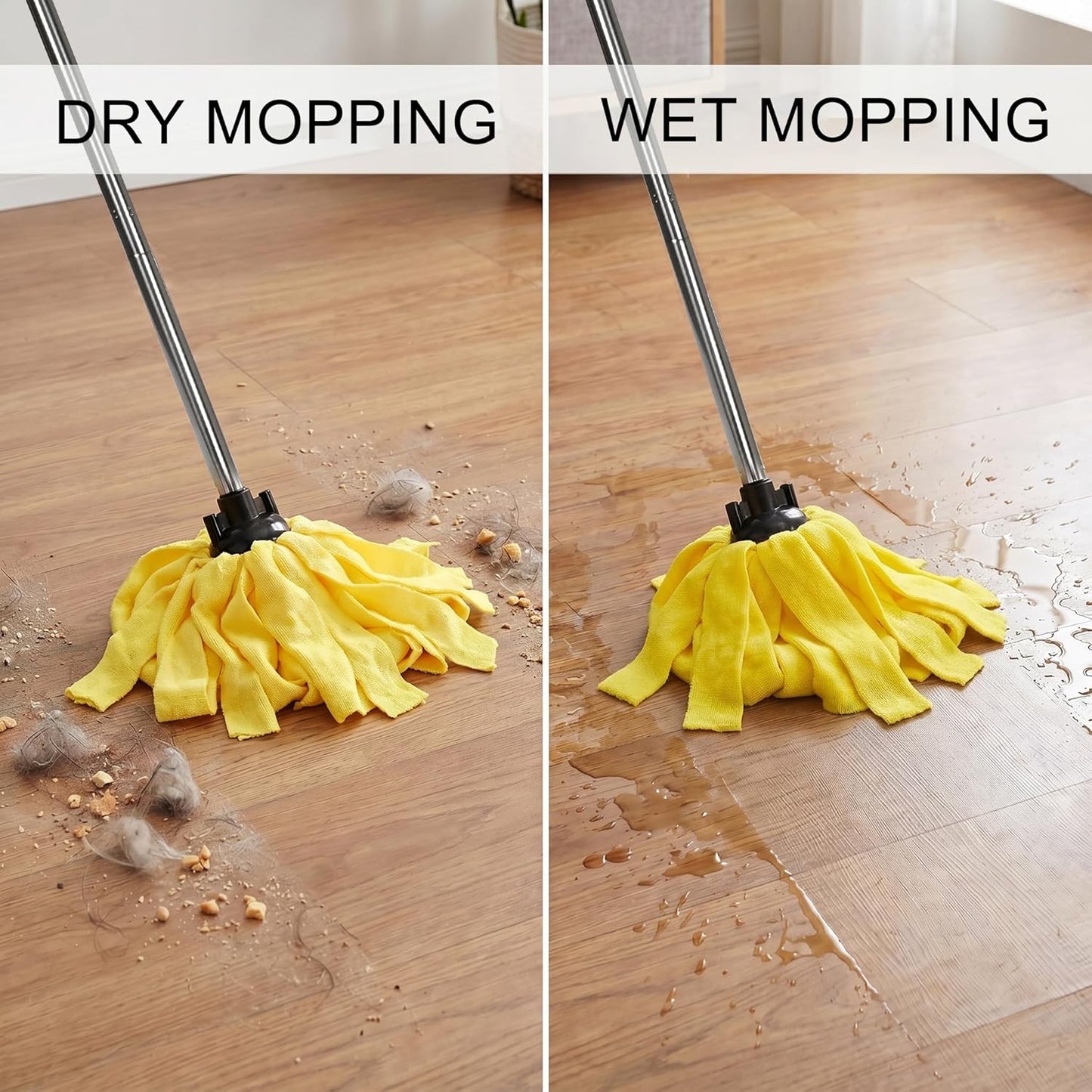 Microfiber Cloth Mop for Floor Cleaning with 2Pcs Replacement Head,Long Handle String Wet Floor Mop for Home,Hardwood,Laminate,Tile,Marble (Yellow)