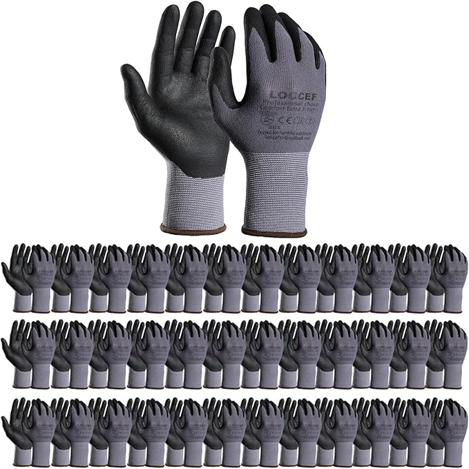 LOCCEF Safety Work Gloves MicroFoam Nitrile Coated-12 Pairs, Seamless Knit by LOCCEF