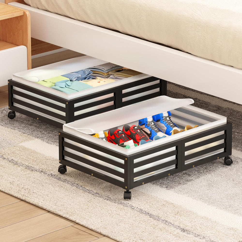 Under Bed Storage with Wheels, 2 Pack Bamboo Drawers for Shoes and Clothes