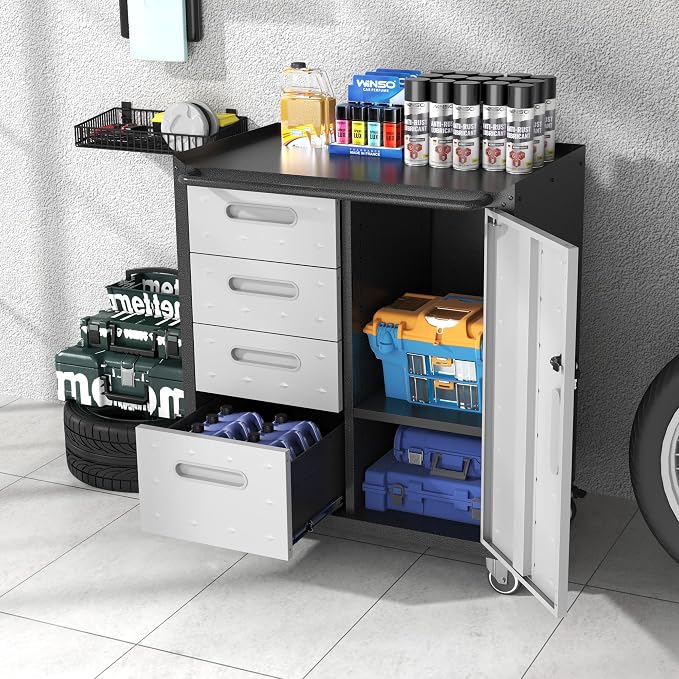 Metal Storage Cabinet with Wheels, Rolling Tool Cabinet with Adjustable Shelve