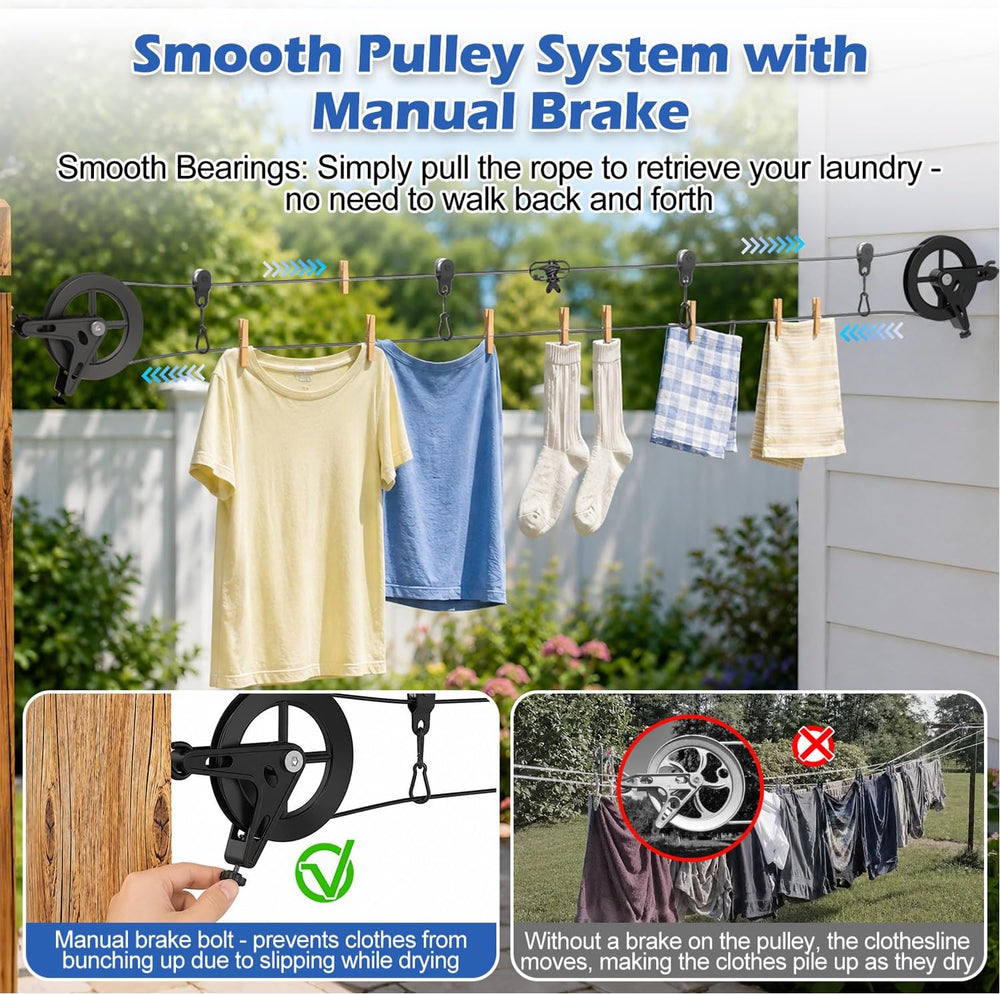 150ft Black Clothesline Pulley Kit with Aluminum Brake Pulleys