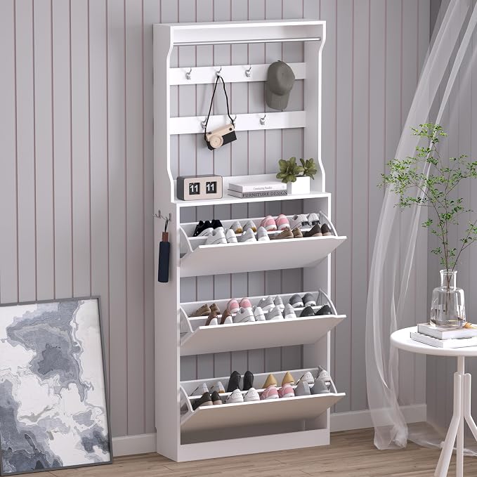 Shoe Cabinet with 3 Flip Drawers & Coat Rack, Narrow Hidden Shoe Storage Cabinet by BORNOON