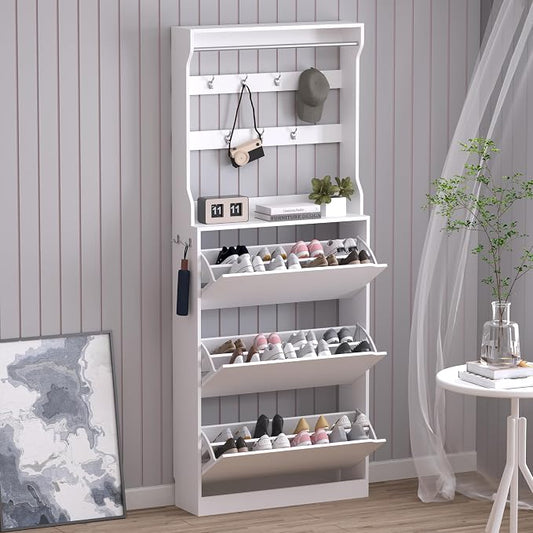Shoe Cabinet with 3 Flip Drawers & Coat Rack, Narrow Hidden Shoe Storage Cabinet by BORNOON