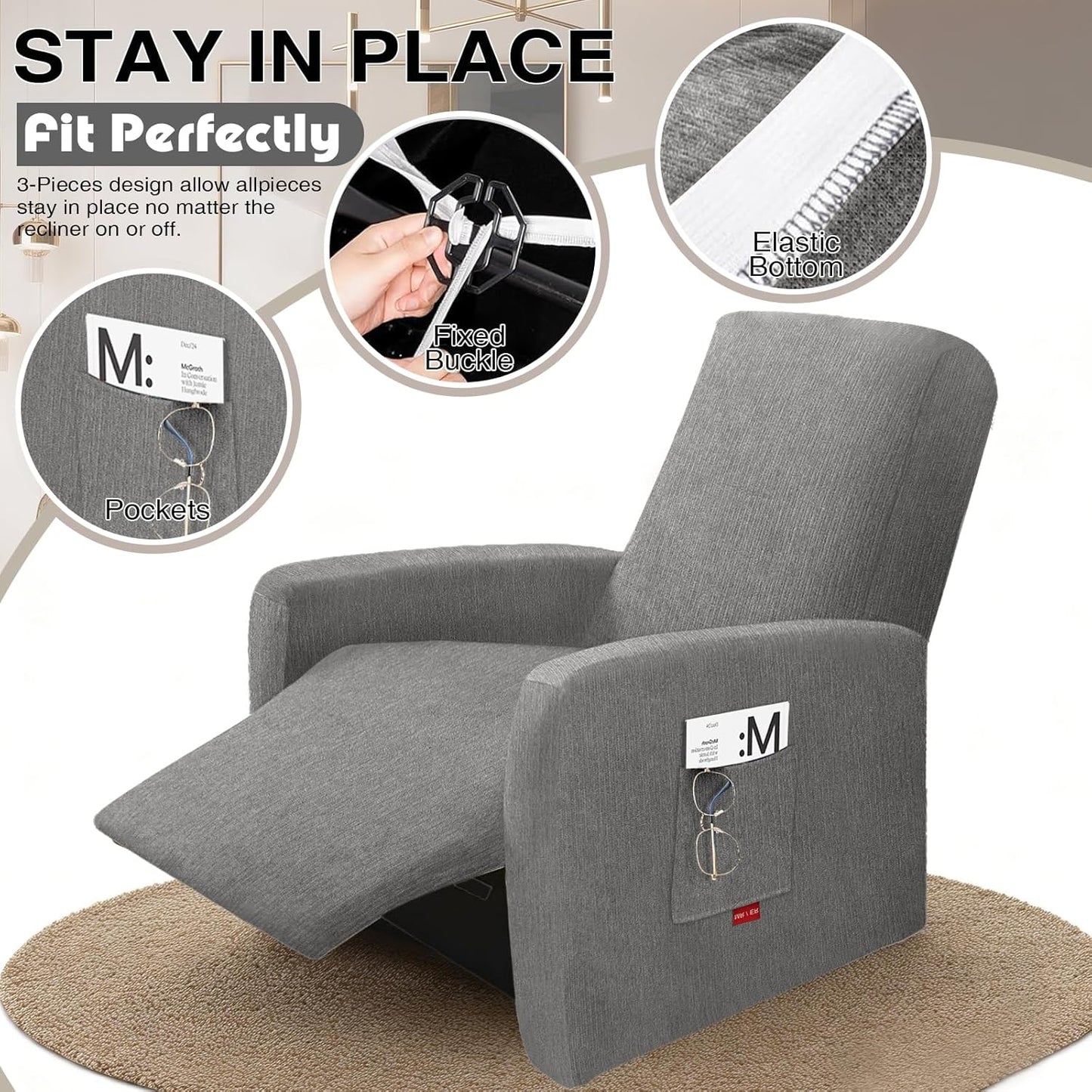 3 Pieces Stretch Recliner Chair Covers, Plush Fabric Washable Slipcover for Extra Small Lazy Boy Chairs (Light Gary)
