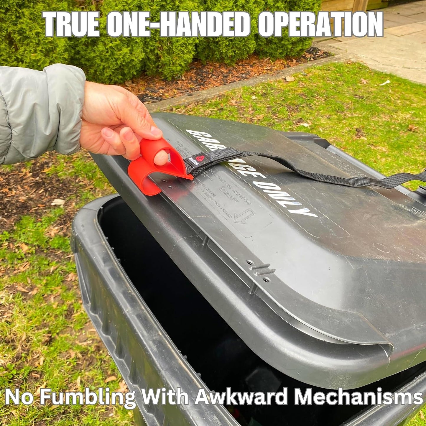 MAX Heavy Duty Trash Can Lock – Raccoon Proof Garbage Bin Lid Lock, Animal Resistant, Extreme Weather Polycarbonate, One-Hand Easy Use, No Drill Strap – Lock ONLY (Bin Not Included)