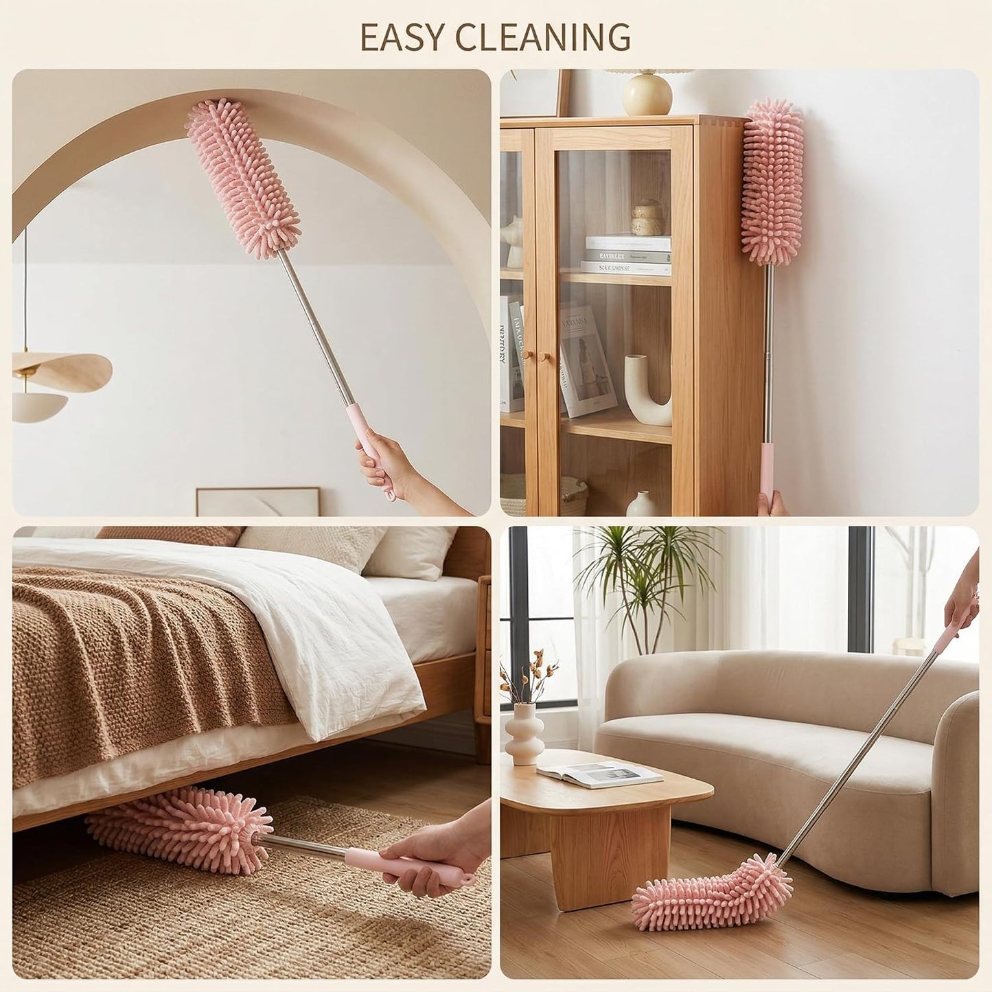 Broom, 0.8m Extendable Soft Chenille Mattress Cleaner Washable Under Appliance Household Cleaning Tools, Nordic Pink Under Fridge Refrigerator Gap Floor Duster Brooms Dust Mop for Narrow Spaces