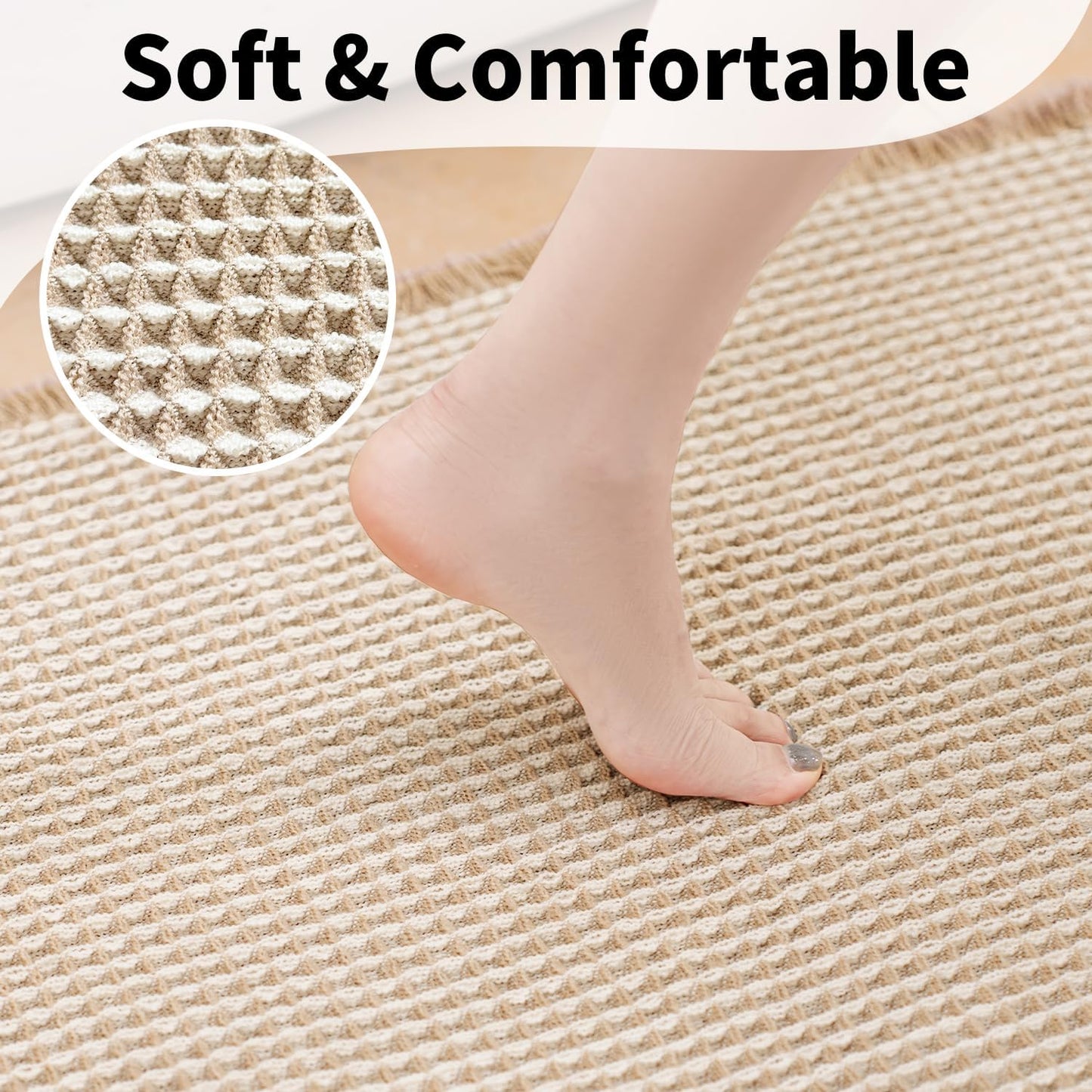 Bathroom Rugs Sets 2 Piece - Waffle Bath Mat Non Slip, Washable Bathroom Mats Absorbent Soft Boho Decor, Quick Dry Shower Mats, 2 Pack 18x30 Inch, Khaki and White