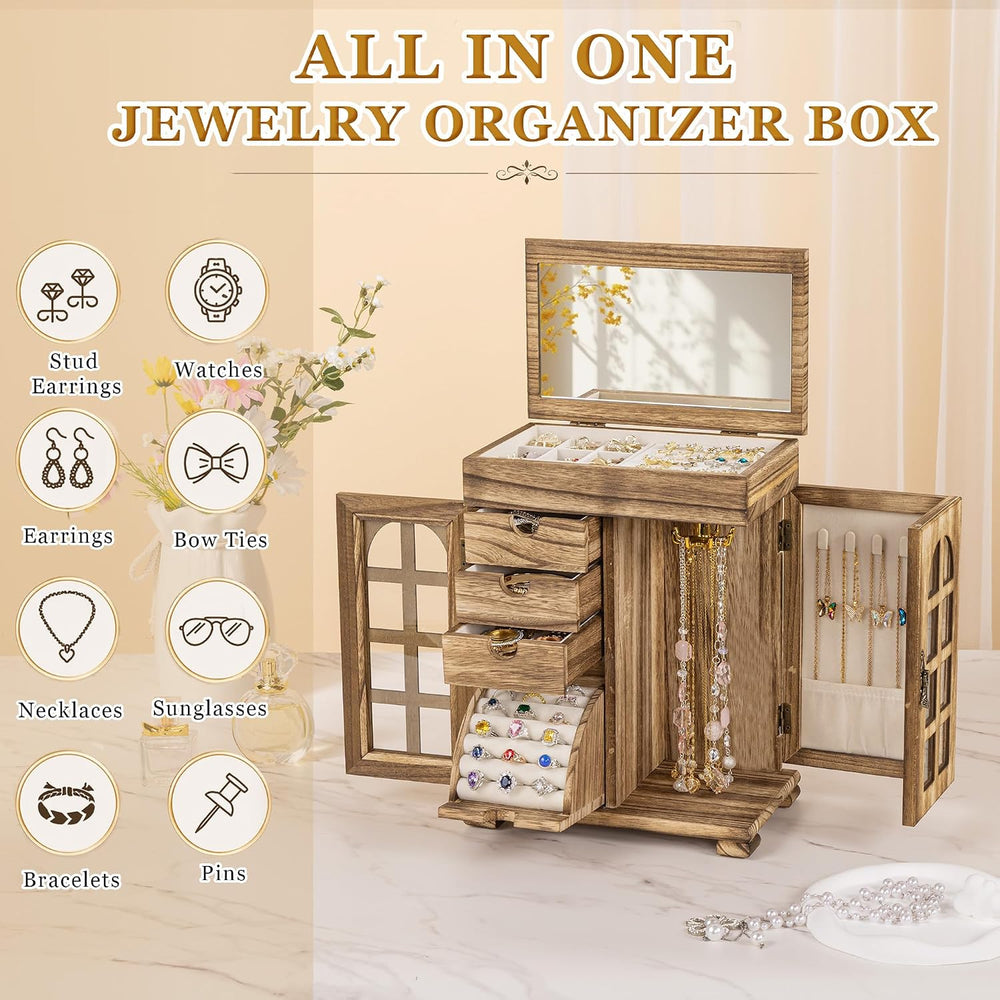 Honiway Jewelry Boxes for Women, 5 Layer Wooden Jewelry Box with Drawer &...