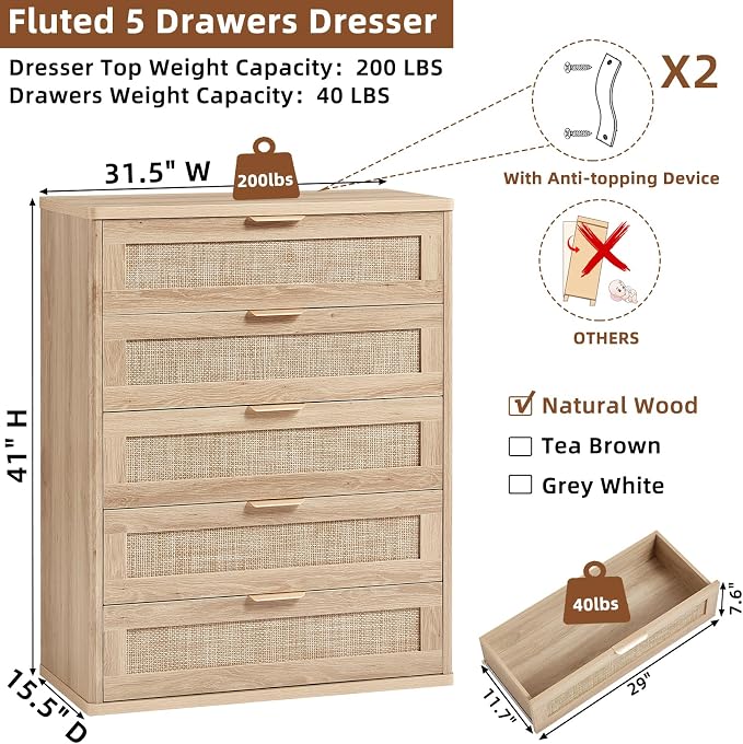 LEYAOYAO Rattan Dresser for Bedroom, Modern 5 Drawers Boho Dressers - Image 3