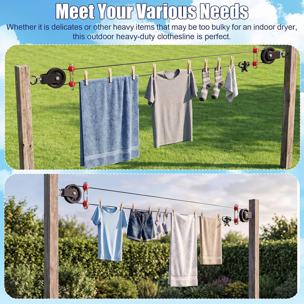 Hicarer Outdoor Clothesline Kit, Heavy Duty Black Clothes Line Pulley Kit
