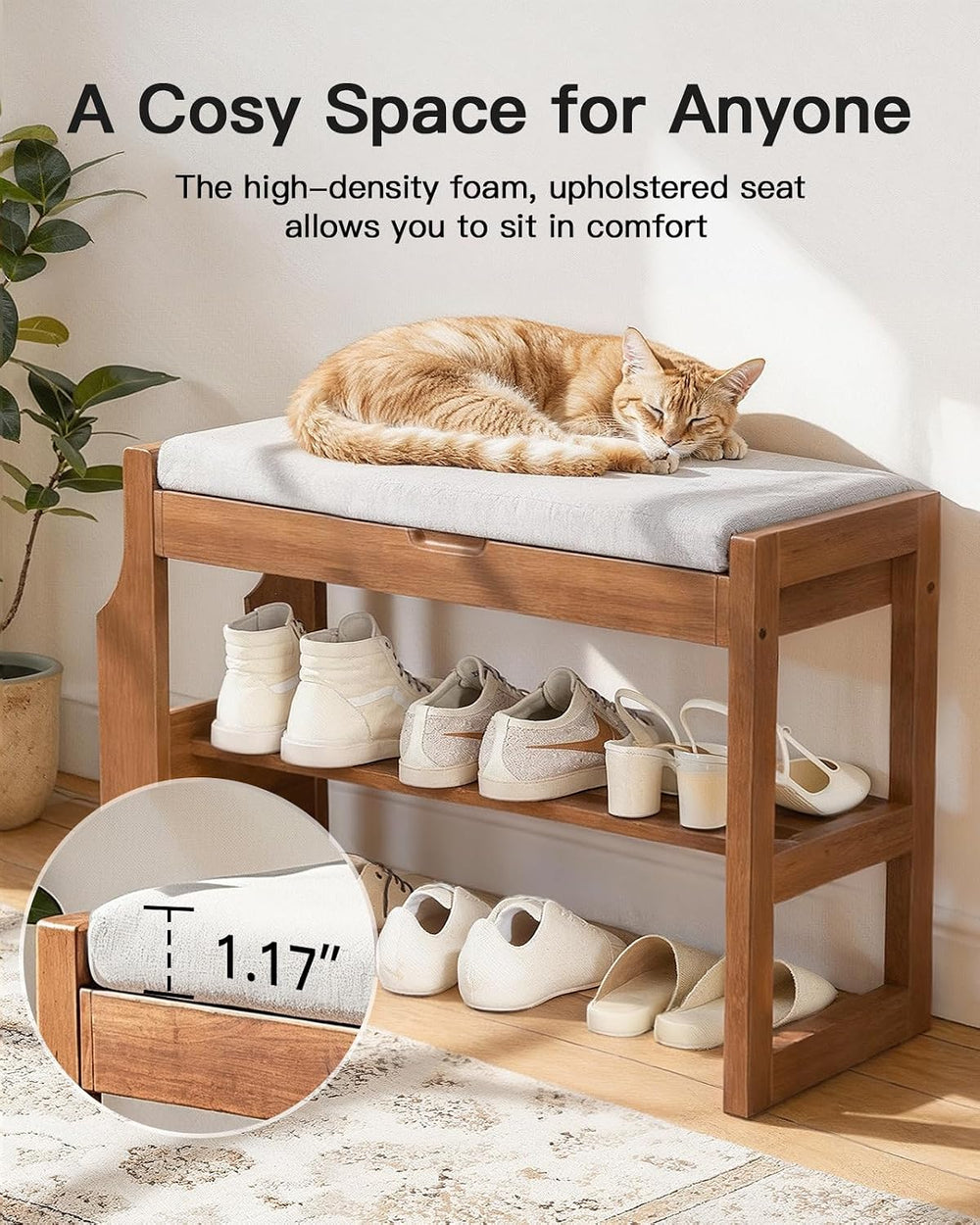 Pipishell 26" Pine Wood Shoe Bench Entryway with Soft Cushion and Storage
