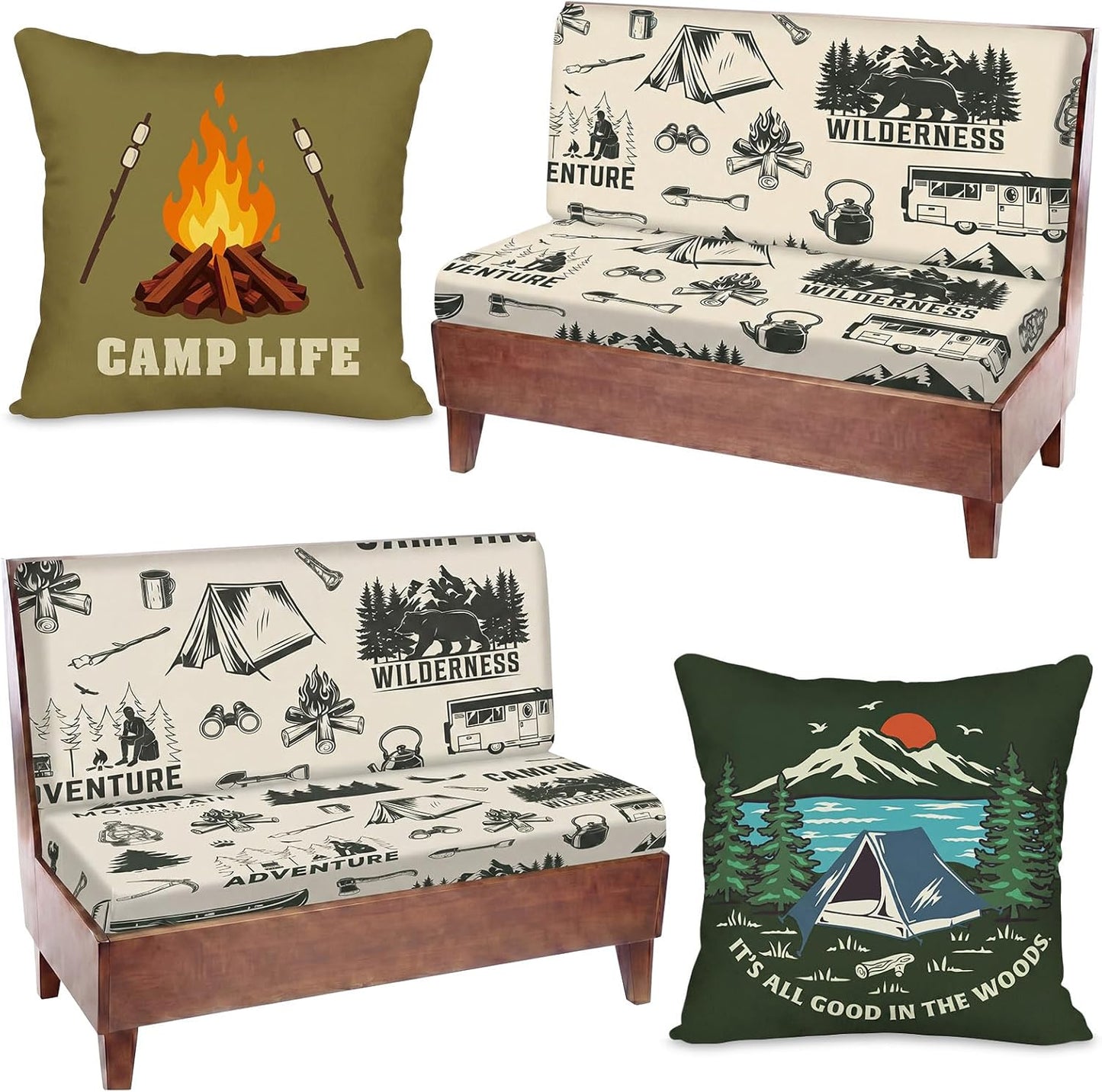 Tiamon RV Dinette Cushion Covers Set - 6 Pcs Camping Theme Cushion Slipcovers for Camper Car Bench Seat Replacement, 2 Pillowcase, 2 Backrest, 2 Bench Cover(Fabric,Green Camp)