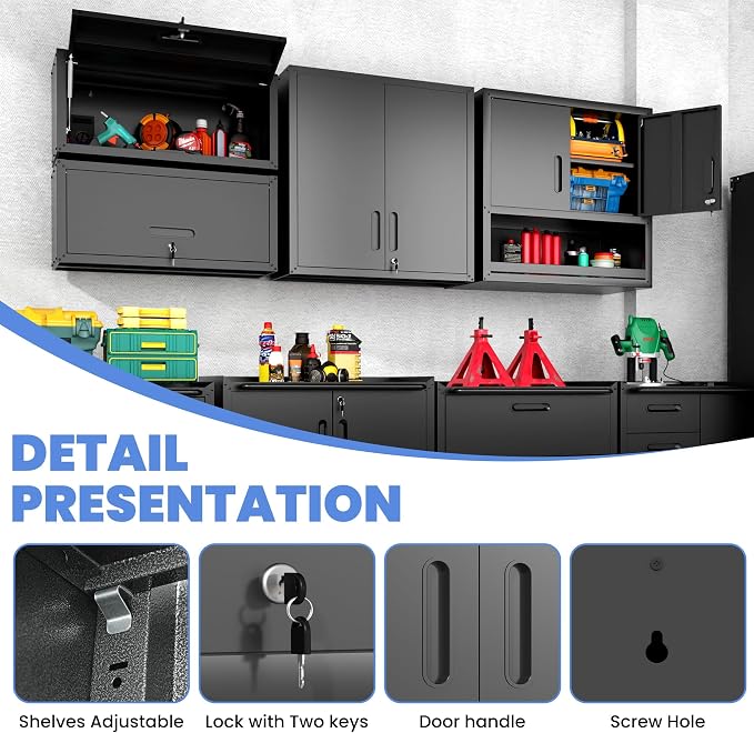 Garage Wall Cabinet with Doors and Shelves, Wall Mounted Metal Storage Cabinet