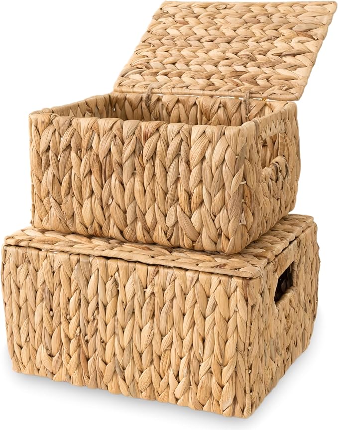 Wicker Storage Baskets with Lid, Set 2 Basket With Lid Decorative Storage - Image 6