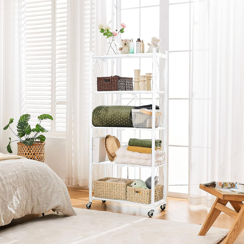 BRIAN & DANY 5-Tier Foldable Storage Shelves with Wheels, Folding Metal R...