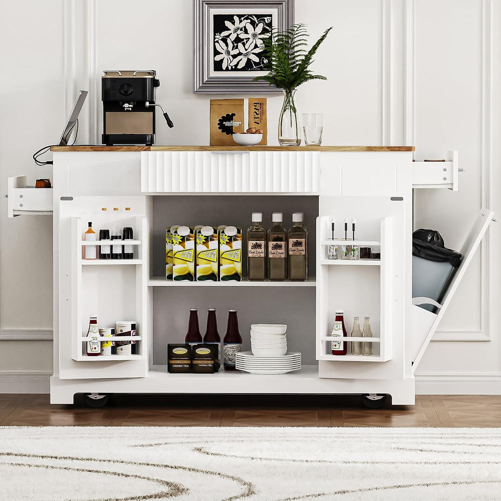 Fluted Rolling Kitchen Island Cart on 5 Wheels with Trash Can Storage Cabinet...