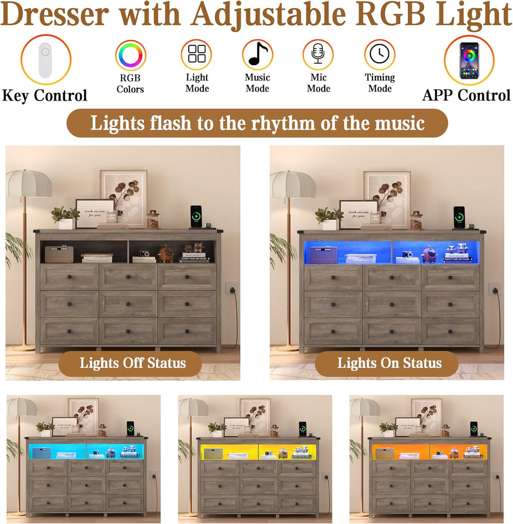 Wodeer 9 Drawer Dresser for Bedroom with LED Lights, Charging Station, Wood C...