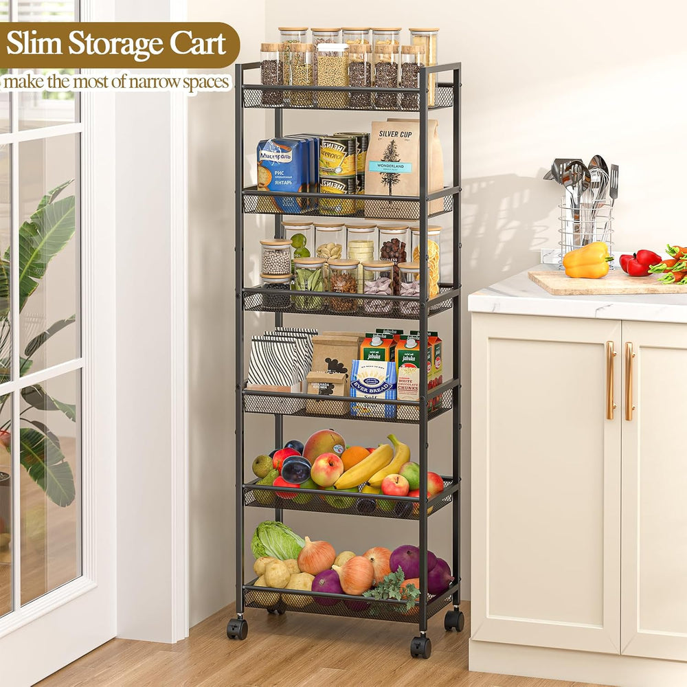 6 Tier Slim Rolling Storage Cart, Narrow Mobile Shelving Unit Organizer Utili...