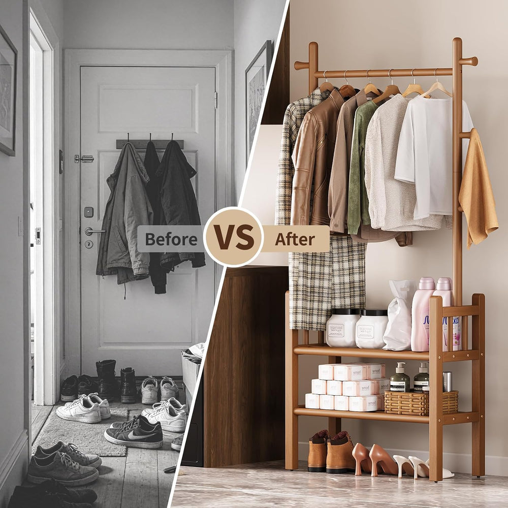 Yoobure Solid Wood Clothing Rack with Shelves - Coat Rack Freestanding with 6...