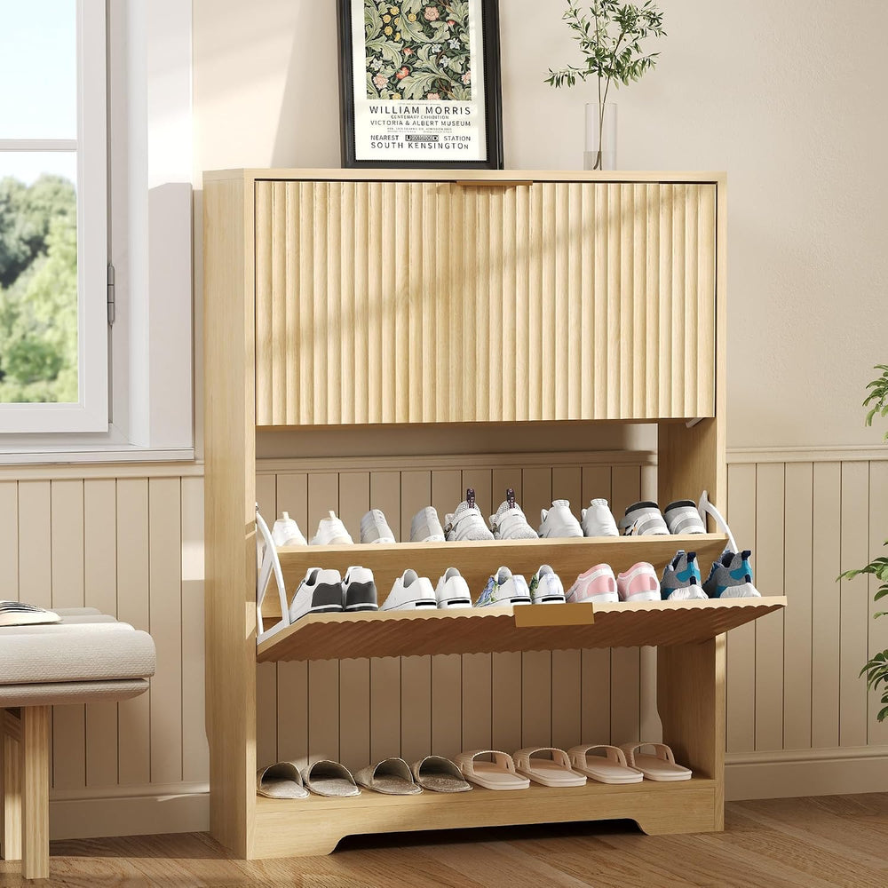 Garvee Shoe Storage Cabinet with 2 Flip Drawers,Slim Fluted Shoe Rack Cabinet...