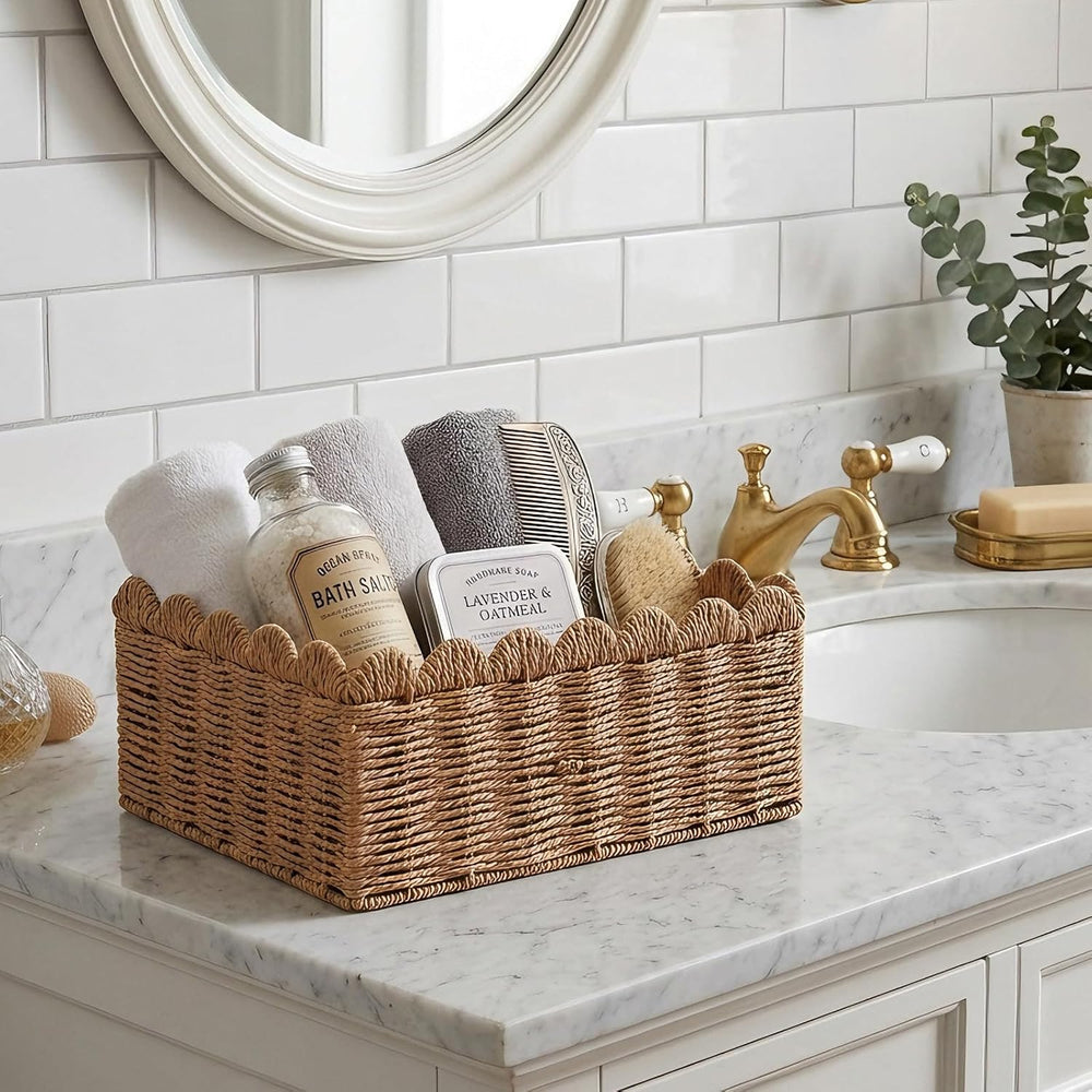 3 Pcs Wicker Storage Baskets for Shelves Picnic Basket,Scalloped Baskets, Han...