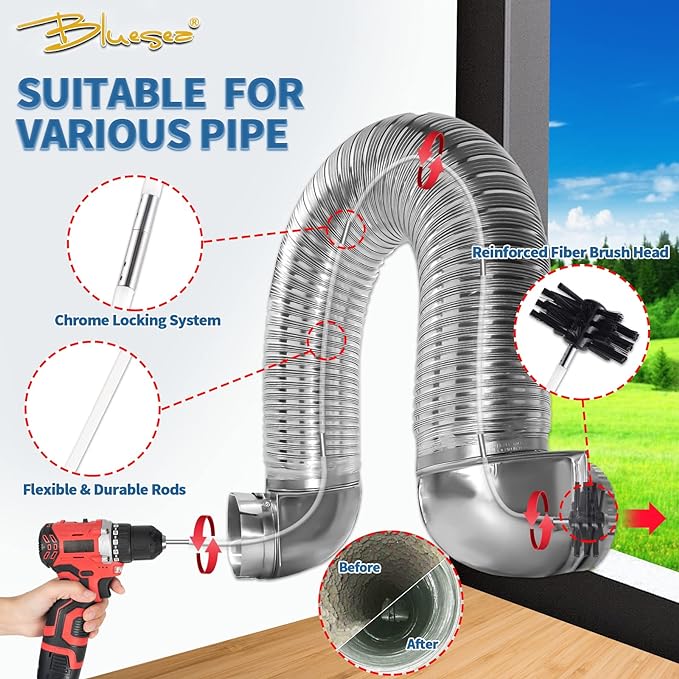 Bluesea 7 Pieces 35 Feet Dryer Vent Cleaner Kit, Reinforced Nylon Dryer Vent - Image 2