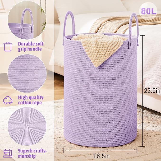 Laundry Basket, Woven Cotton Rope Laundry Hamper, 80L