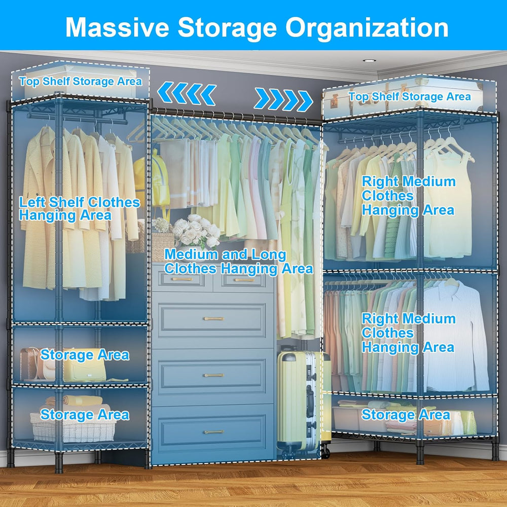 ULIFHOME E10L L-Shaped Clothes Rack for Corner（With Expandable Hanger Rod）Hea...