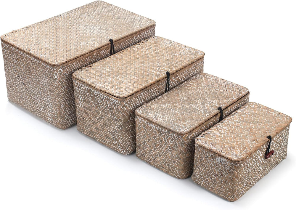 Wicker Basket with Lid, Seagrass Storage Basket, Woven Decorative Storage Bas...