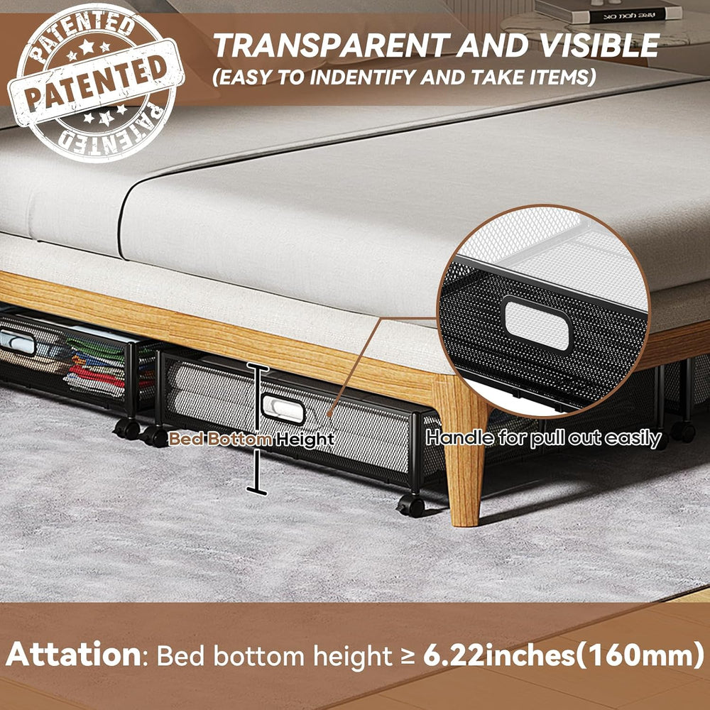 PHINOX Under Bed Storage with Wheels & Handle,Metal,Large,4 Pack,Black