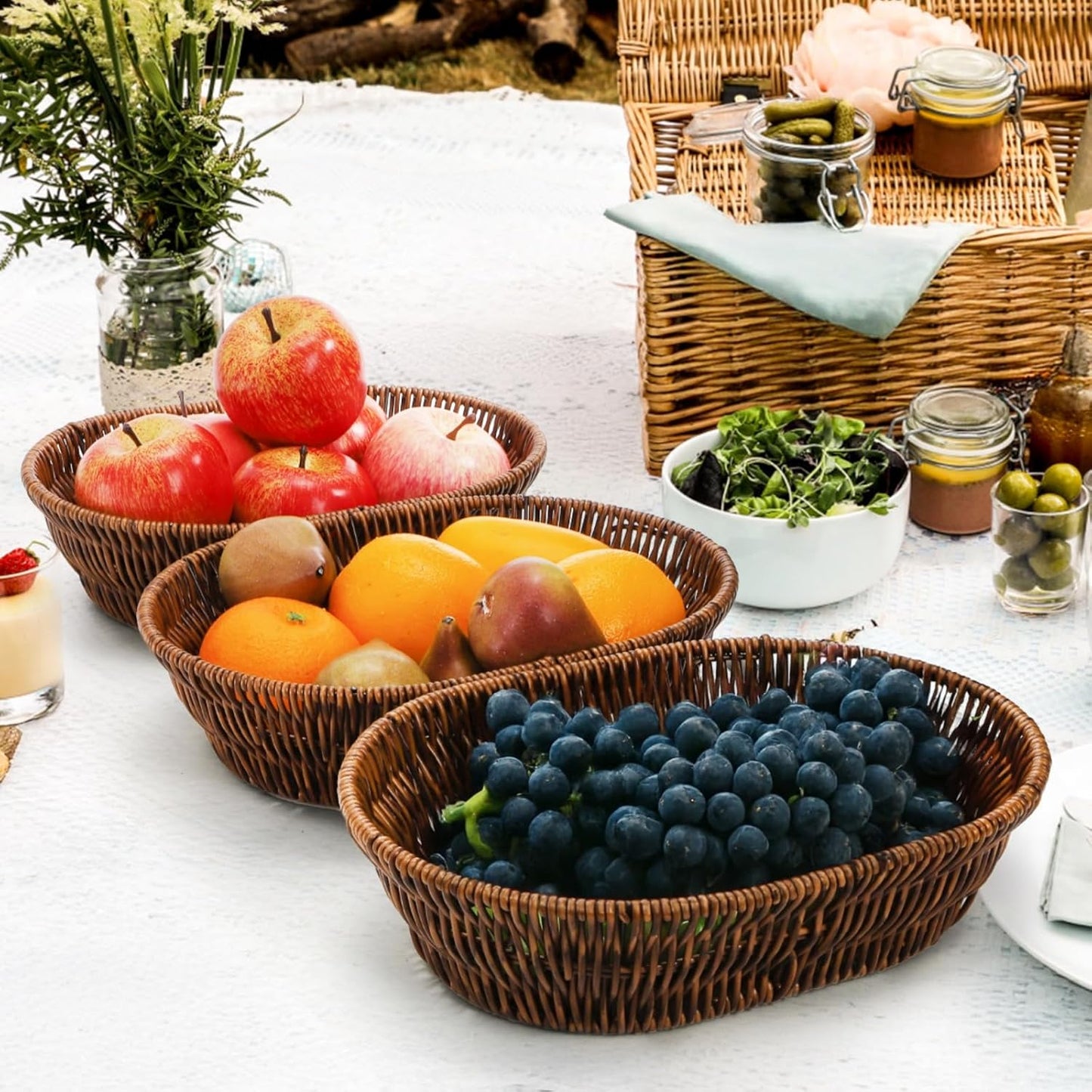 ZAVOOS 3 Pack Wicker Bread Basket, 11 Inch Food Serving Tray | Handwoven Oval Fruit Baskets, Tabletop Stackable Pantry Organizer Bin for Home Kitchen, Restaurant, Bakery, Vegetable Storage