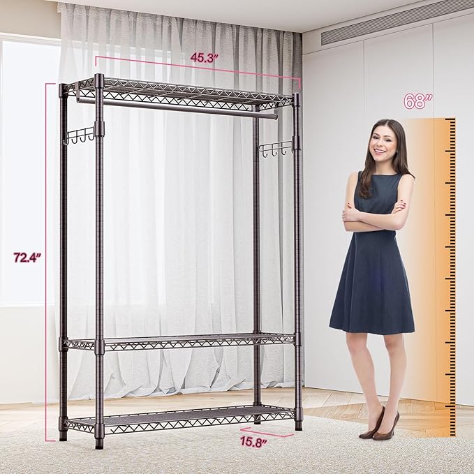 Heavy Duty Rolling Garment Rack 3 Tiers Adjustable Wire Shelving Clothes Rack - Image 7