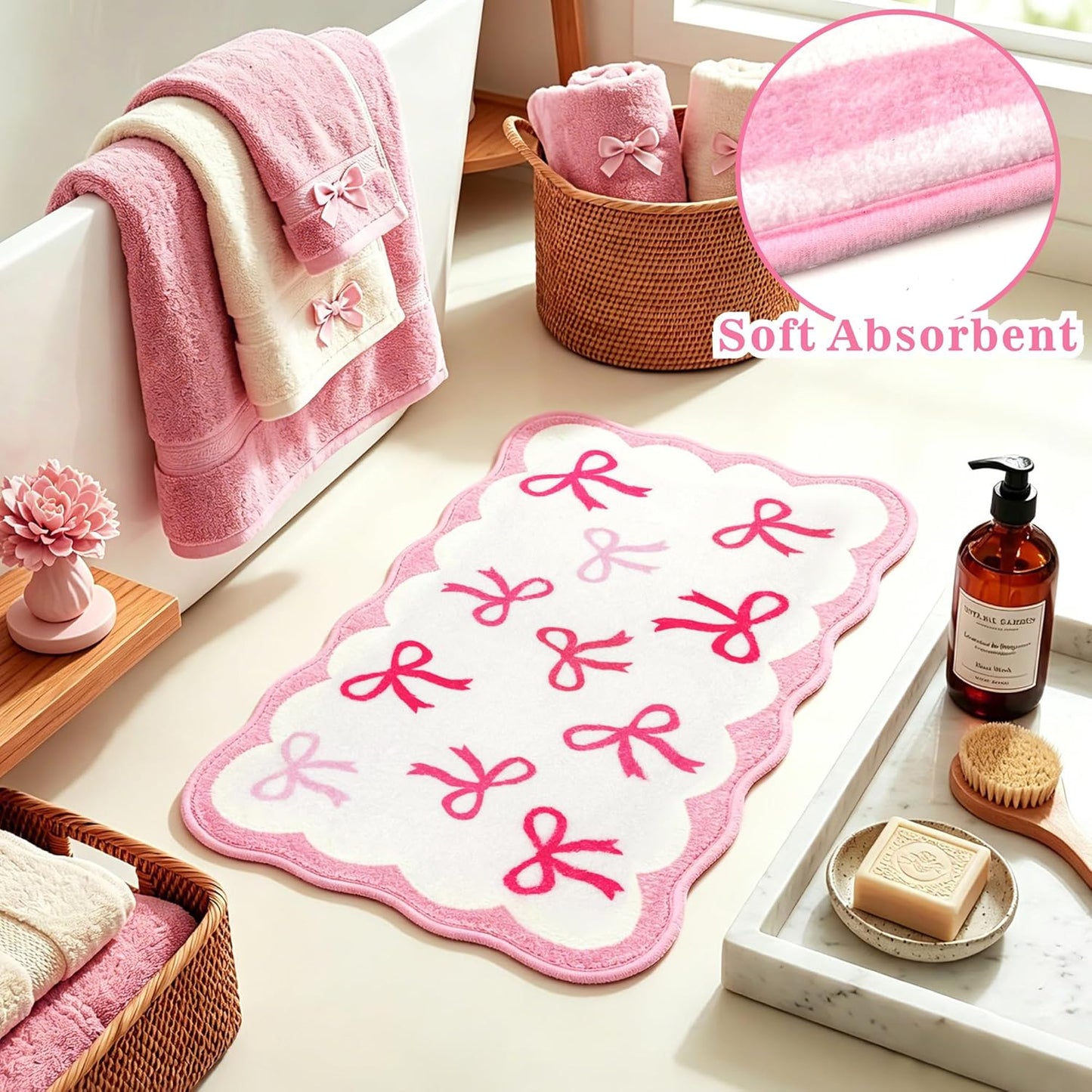 Haiddle Pink Bows Rugs Bow Mat for Bathroom Decor Scalloped Bow Rug for Girls Women Bedroom Non Slip Soft Absorbent Bath Mats Washable Coquette Mats for Bathtub Shower Floor Decoration 16.9" x 29.9"