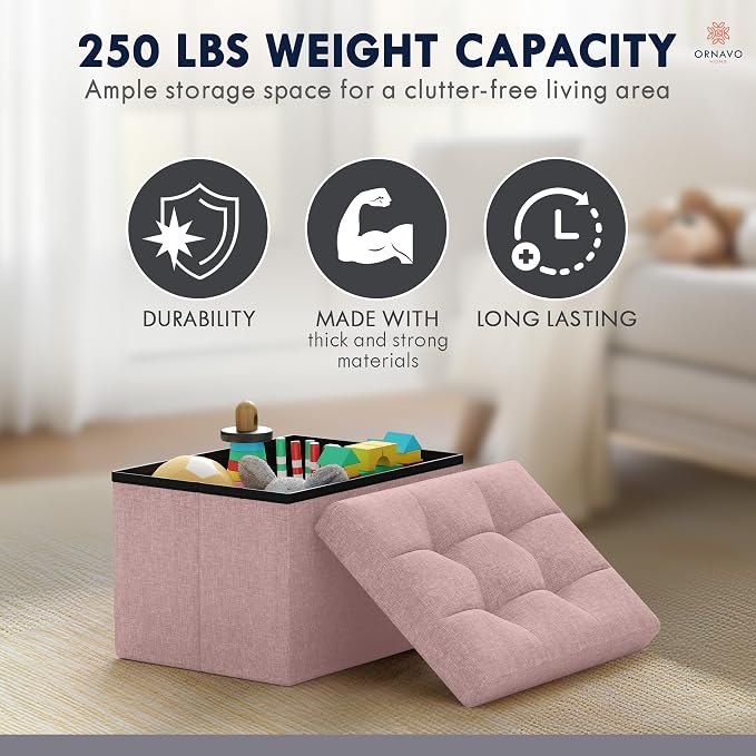 Ornavo Home Small Storage Ottoman Foldable Collapsible Rectangle Linen Ottoman - Image 7