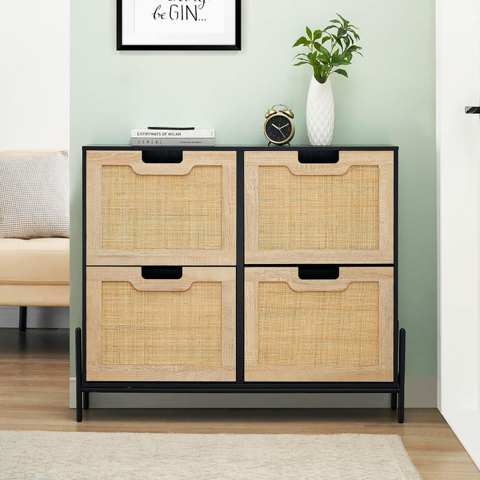 GAOMON Natural Rattan 4 Flip Door Shoe Rack Storage Cabinet, Shoe Cabinet Organizer Freestanding with 3-Tier Adjustable Shelves for Entryway, Entrance Hallway (4 Flip Doors, Black)