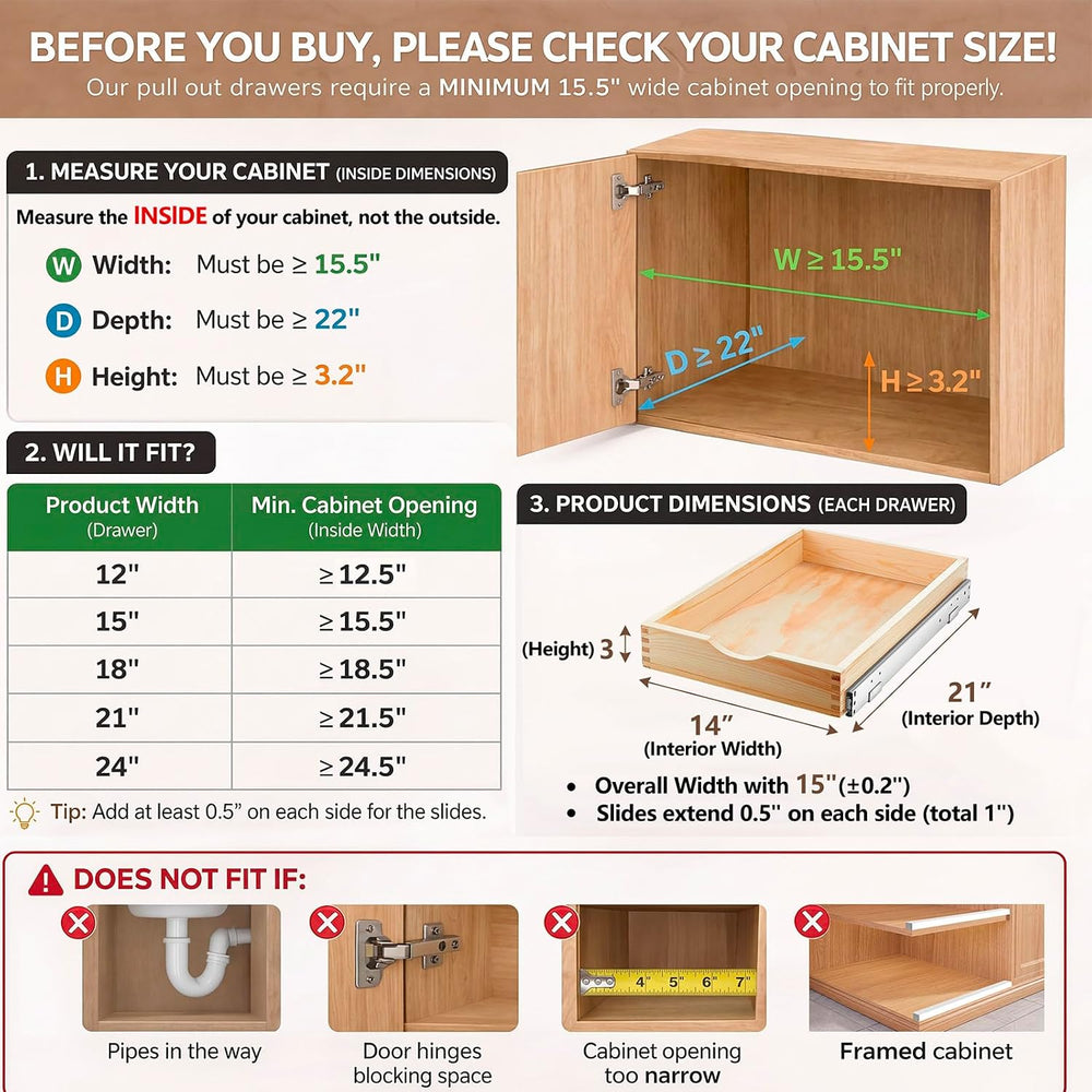 Sintuff 4 Pack Wooden Pull out Tray Cabinet Organizer, 15'' X 21'...