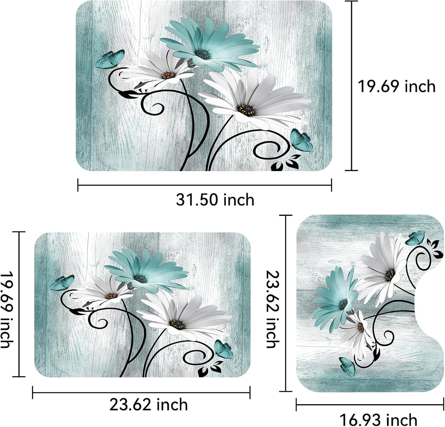 Onalasyc Bathroom Rugs Sets 3 Piece,Teal Daisy Rustic Farmhouse Flowers Butterfly Bath Rug Non Slip Quick Dry Diatomaceous Earth Bath Mat Wood Vintage Decor Washable Suitable for Bathroom,Tub,Shower