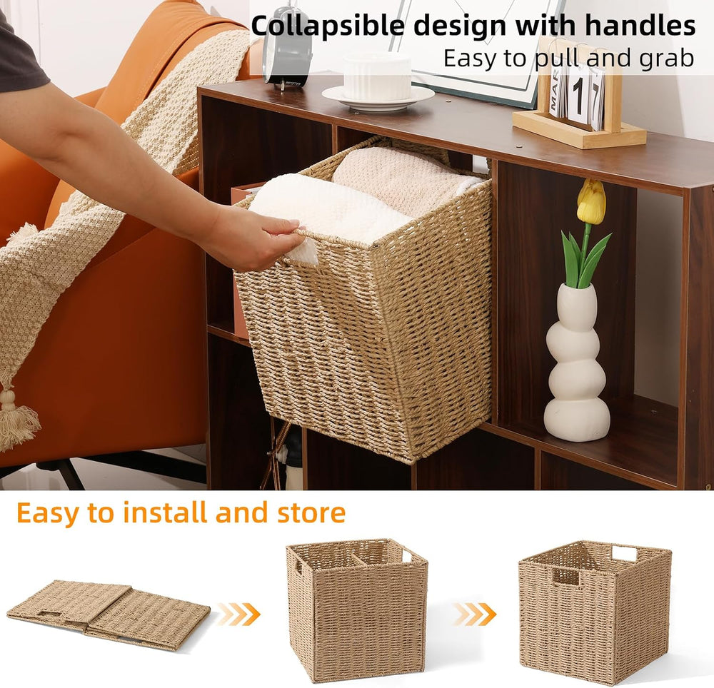 12x12x12in Wicker Storage Baskets for Shelves, Set of 2 Hand-Woven Paper Rope...