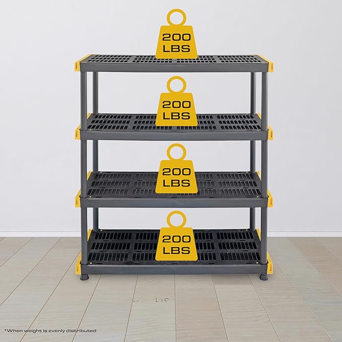 BLACK & YELLOW, 4-Tier Heavy Duty Plastic Storage Shelving Unit, 200lbs/shelf - Image 4