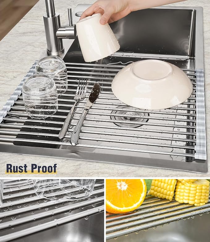 Tomorotec Stainless Steel Roll-Up Dish Drying Rack Marble Color Silicone Edges - Image 2
