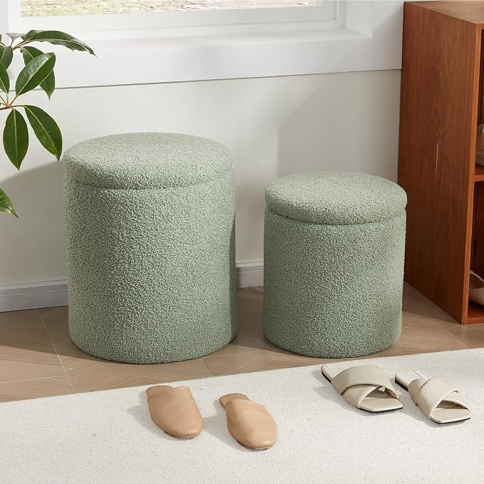 Boucle Round Ottoman with Storage Set of 2, Small Foot Stool Ottoman